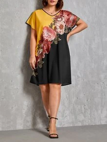 EMERY ROSE Vestido túnico con estampado floral de color combinado de manga murciélago - Negro - Ver 3