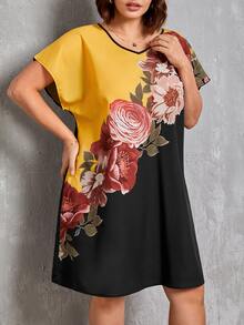 EMERY ROSE Vestido túnico con estampado floral de color combinado de manga murciélago - Negro - Ver 4