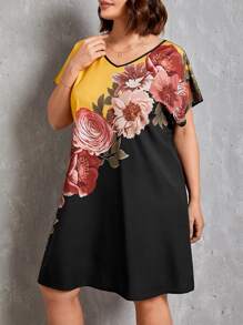 EMERY ROSE Vestido túnico con estampado floral de color combinado de manga murciélago - Negro - Ver 5