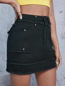 Raw Trimmed Denim Skirt - Black - View 5