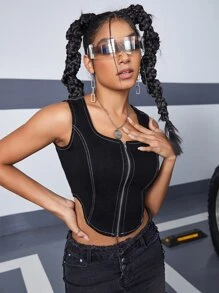 Top-stitching Zip Up Denim Top - Black - View 3