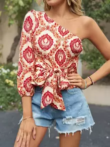 SHEIN VCAY Allover Print One Shoulder Knot Front Lantern Sleeve Top - Multicolor - View 1