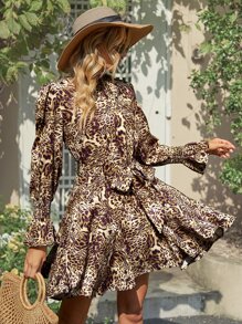 SHEIN LUNE Vestido con cinturón con estampado de leopardo de manga con volante bajo con fruncido - Marrón - Ver 1