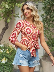 SHEIN VCAY Allover Print One Shoulder Knot Front Lantern Sleeve Top - Multicolor - View 3