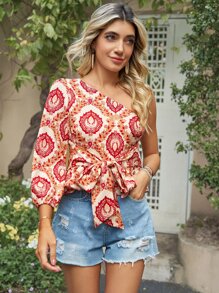 SHEIN VCAY Allover Print One Shoulder Knot Front Lantern Sleeve Top - Multicolor - View 4