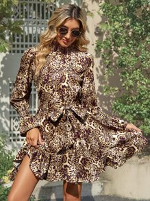 SHEIN LUNE Vestido con cinturón con estampado de leopardo de manga con volante bajo con fruncido - Marrón - Ver 5