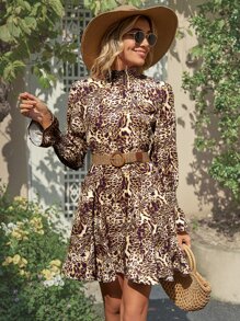 SHEIN LUNE Vestido con cinturón con estampado de leopardo de manga con volante bajo con fruncido - Marrón - Ver 6