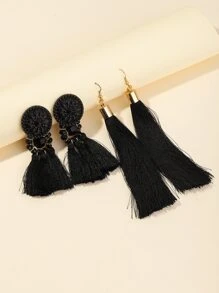 2pairs Tassel Drop Earrings - Black - View 1