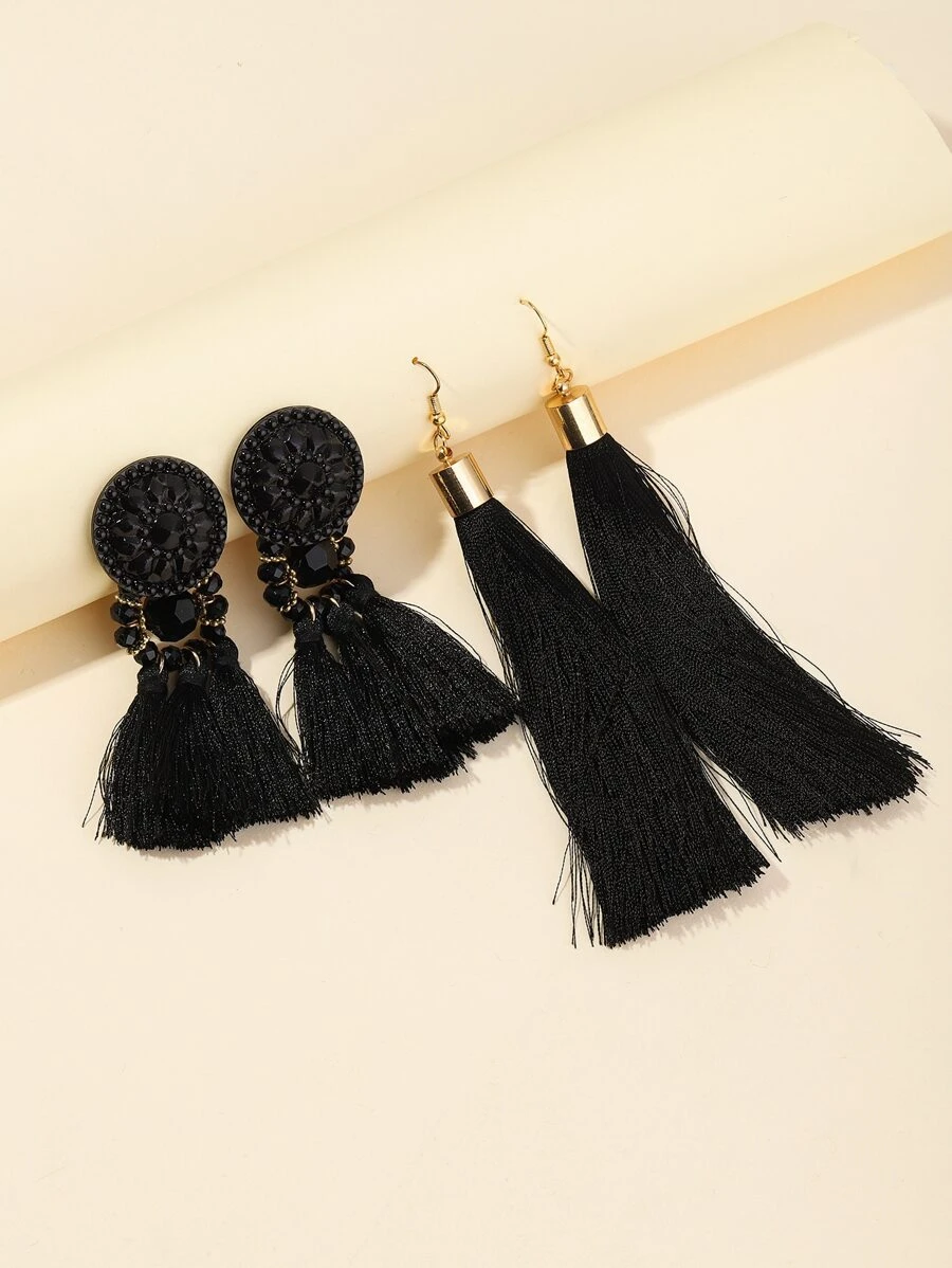 2pairs Tassel Drop Earrings - Black - View 1