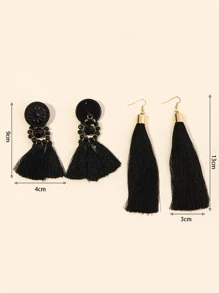 2pairs Tassel Drop Earrings - Black - View 3