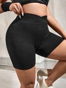 Plus Overlap Waist Ribbed Knit Sports Shorts - Black - View 2