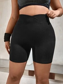 Plus Overlap Waist Ribbed Knit Sports Shorts - Black - View 3