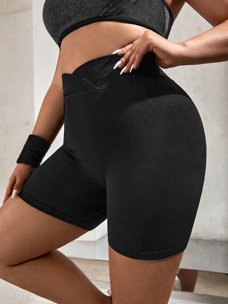 Plus Overlap Waist Ribbed Knit Sports Shorts - Black - View 4