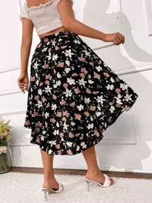 Celure Plus Floral Print High Low Hem Skirt - Multicolor - View 3