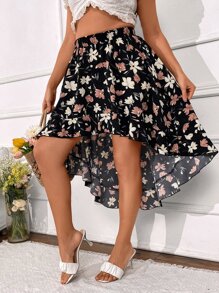 Celure Plus Floral Print High Low Hem Skirt - Multicolor - View 5