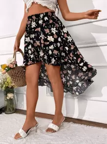 Celure Plus Floral Print High Low Hem Skirt - Multicolor - View 6