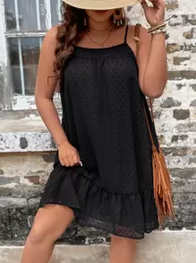 Breezaya 大碼圓點荷葉邊吊帶連衣裙 - 黑色 - 查看 1