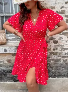 SHEIN Holidaya Plus Polka Dot Print Butterfly Sleeve Ruffle Trim Tie Side Wrap Dress - Watermelon Pink - View 1