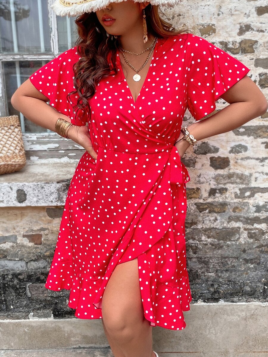 SHEIN Holidaya Plus Polka Dot Print Butterfly Sleeve Ruffle Trim Tie Side Wrap Dress - Watermelon Pink - View 1