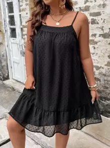 Breezaya 大碼圓點荷葉邊吊帶連衣裙 - 黑色 - 查看 5