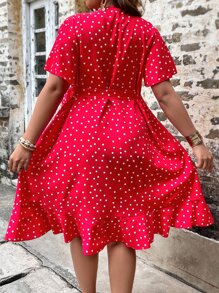 SHEIN Holidaya Plus Polka Dot Print Butterfly Sleeve Ruffle Trim Tie Side Wrap Dress - Watermelon Pink - View 2