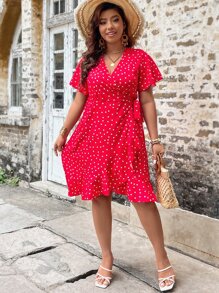 SHEIN Holidaya Plus Polka Dot Print Butterfly Sleeve Ruffle Trim Tie Side Wrap Dress - Watermelon Pink - View 3