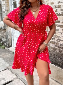 SHEIN Holidaya Plus Polka Dot Print Butterfly Sleeve Ruffle Trim Tie Side Wrap Dress - Watermelon Pink - View 4