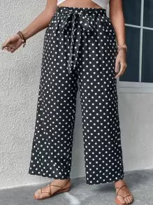 SHEIN Holidaya Plus Polka Dot Print Belted Trousers - Black - View 1