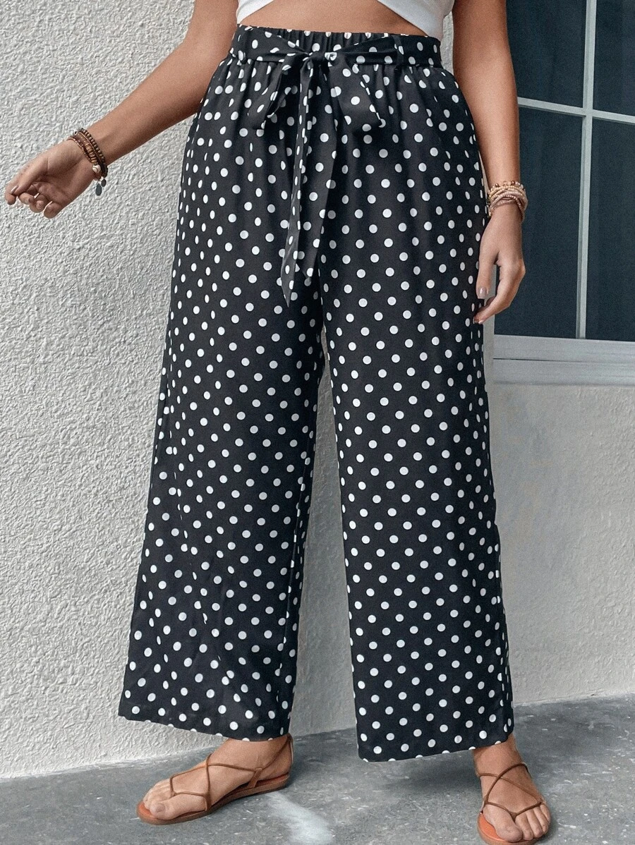 SHEIN Holidaya Plus Polka Dot Print Belted Trousers - Black - View 1