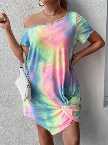 SHEIN LUNE Plus Tie Dye Asymmetrical Neck Twist Hem Tee Dress - Multicolor - View 3