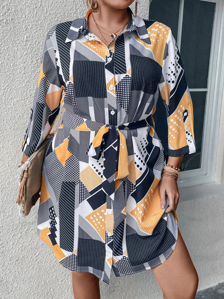 SHEIN LUNE Vestido camisero geométrico & con estampado de lunares con cinturón - Multicolor - Ver 1