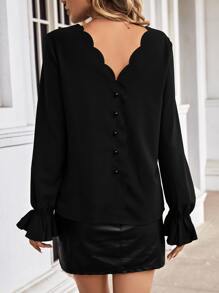 SHEIN Frenchy Scallop Trim Flounce Sleeve Button Back Blouse Winter Elegant Black Black - Black - View 6