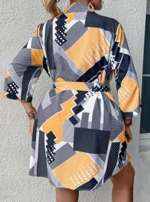 SHEIN LUNE Vestido camisero geométrico & con estampado de lunares con cinturón - Multicolor - Ver 2