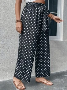 SHEIN Holidaya Plus Polka Dot Print Belted Trousers - Black - View 3