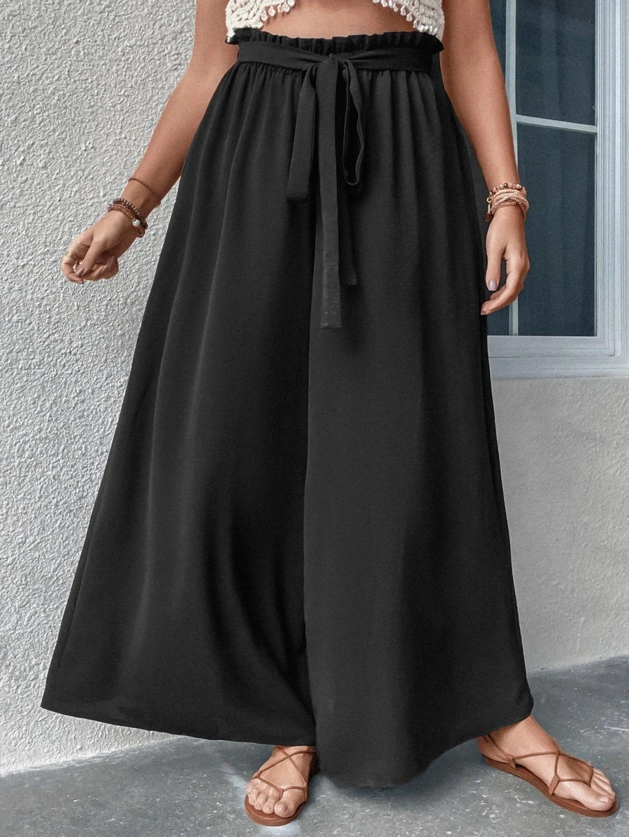 SHEIN Holidaya Plus Paperbag Waist Belted Wide Leg Trousers - Black - View 1