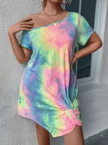 SHEIN LUNE Plus Tie Dye Asymmetrical Neck Twist Hem Tee Dress - Multicolor - View 1