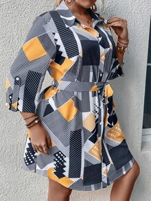 SHEIN LUNE Vestido camisero geométrico & con estampado de lunares con cinturón - Multicolor - Ver 3