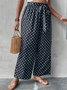 SHEIN Holidaya Plus Polka Dot Print Belted Trousers - Black - View 4
