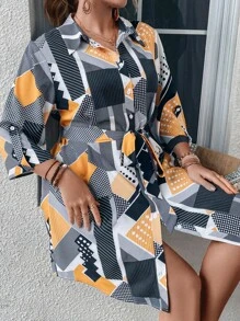 SHEIN LUNE Vestido camisero geométrico & con estampado de lunares con cinturón - Multicolor - Ver 4