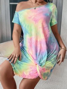 SHEIN LUNE Plus Tie Dye Asymmetrical Neck Twist Hem Tee Dress - Multicolor - View 6