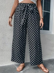 SHEIN Holidaya Plus Polka Dot Print Belted Trousers - Black - View 5