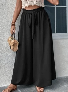 SHEIN Holidaya Plus Paperbag Waist Belted Wide Leg Trousers - Black - View 3