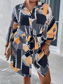 SHEIN LUNE Vestido camisero geométrico & con estampado de lunares con cinturón - Multicolor - Ver 5