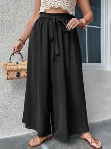 SHEIN Holidaya Plus Paperbag Waist Belted Wide Leg Trousers - Black - View 4