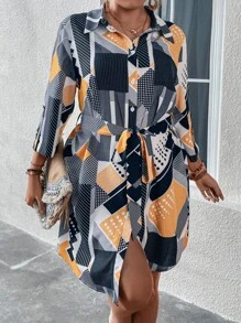 SHEIN LUNE Vestido camisero geométrico & con estampado de lunares con cinturón - Multicolor - Ver 6