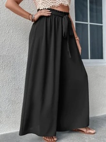 SHEIN Holidaya Plus Paperbag Waist Belted Wide Leg Trousers - Black - View 5