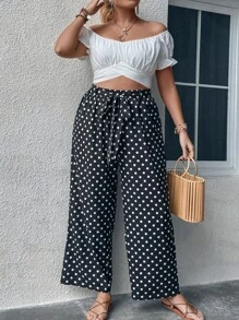 SHEIN Holidaya Plus Polka Dot Print Belted Trousers - Black - View 6
