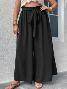 SHEIN Holidaya Plus Paperbag Waist Belted Wide Leg Trousers - Black - View 6