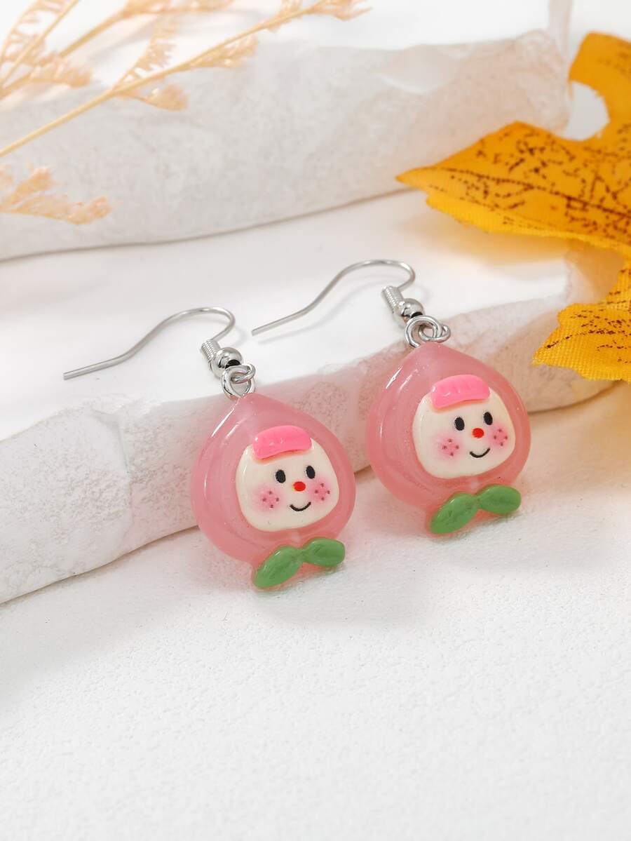 1對可愛粉色桃形和水果微笑臉樹脂耳環 - 彩色 - 查看 1