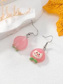 1對可愛粉色桃形和水果微笑臉樹脂耳環 - 彩色 - 查看 2